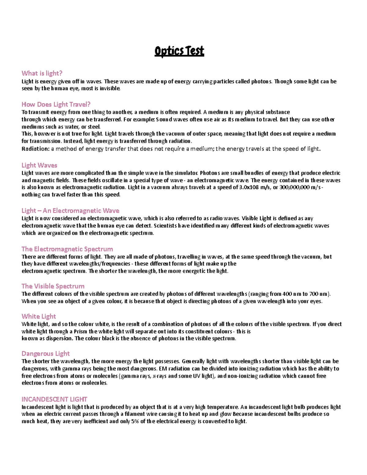 optics-test-review-optics-test-what-is-light-light-is-energy-given