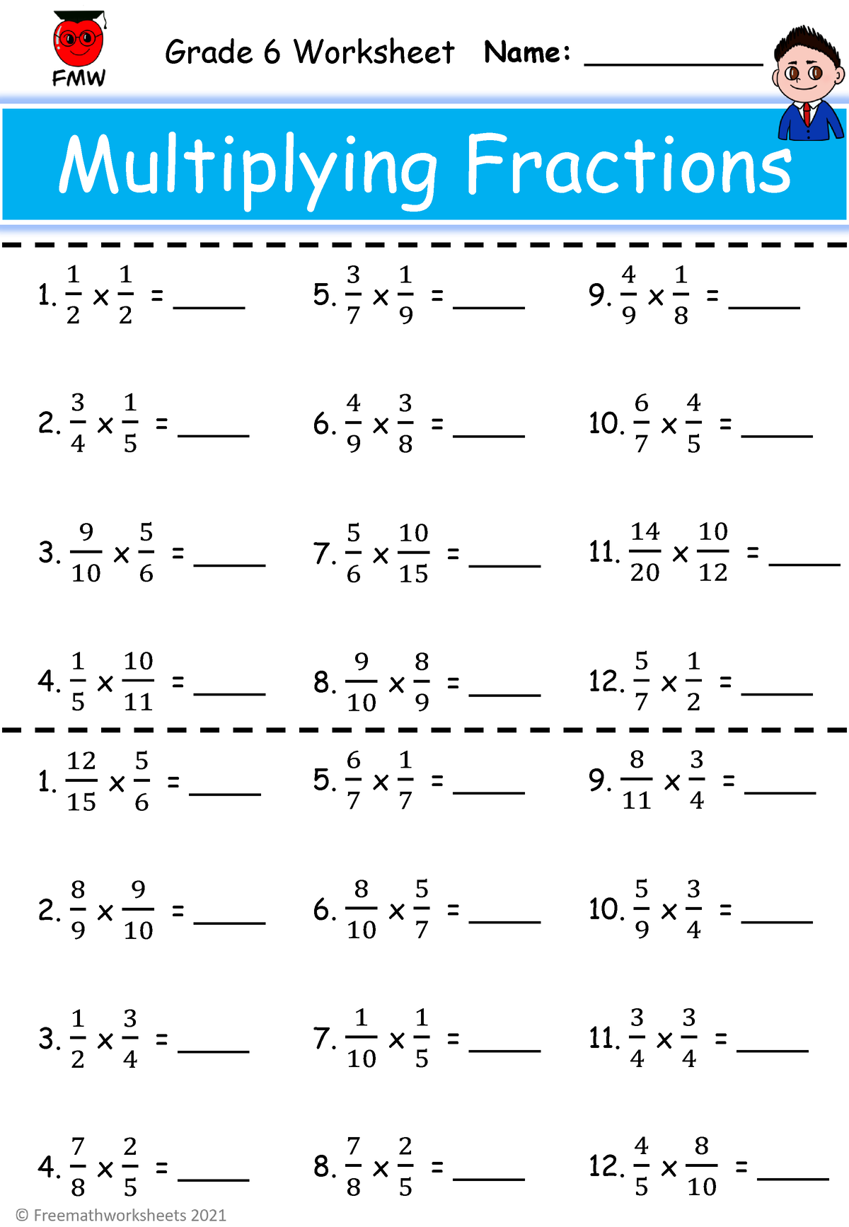 Grade 6 Multiplying Fractions Worksheet 1 - Name ...