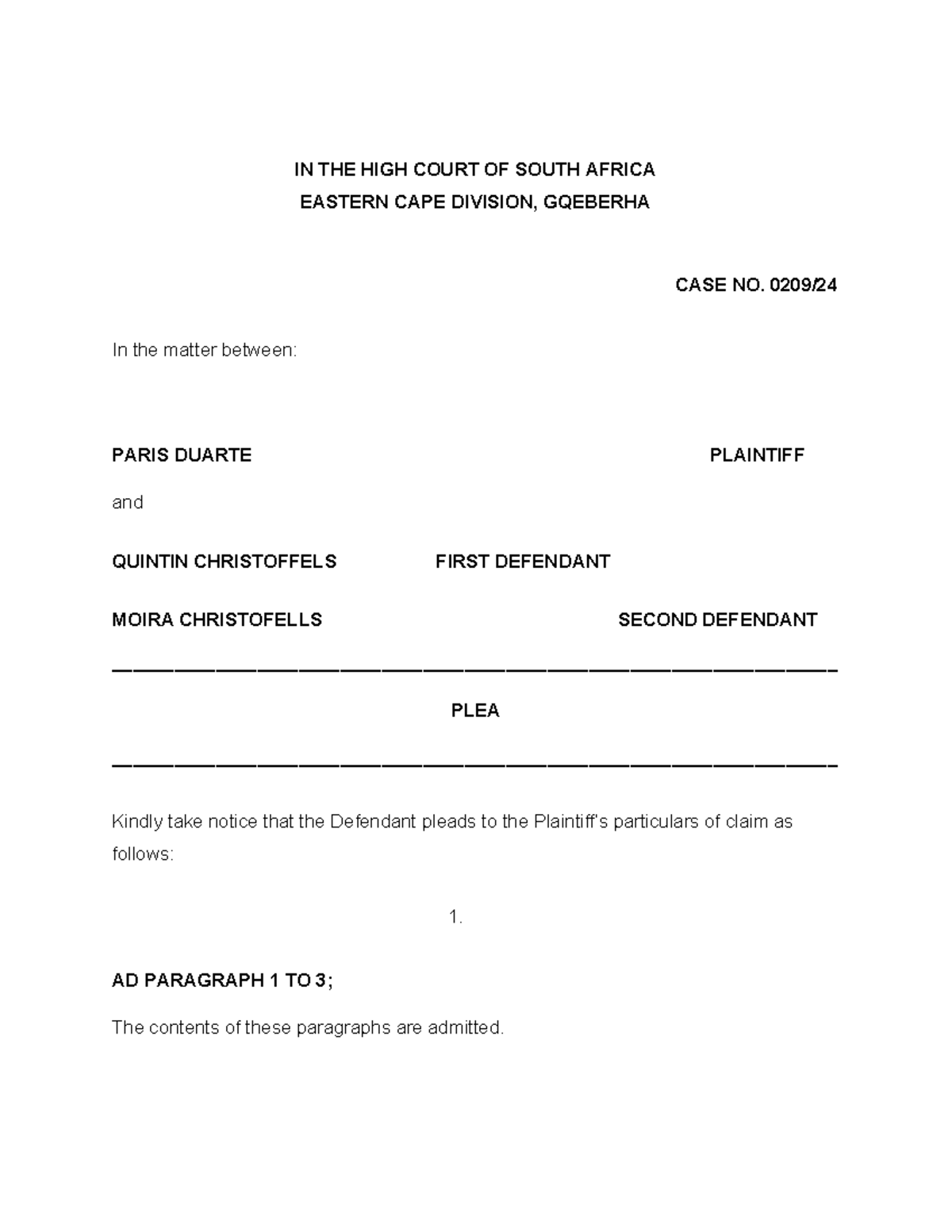 Defendant'S PLEA - IN THE HIGH COURT OF SOUTH AFRICA EASTERN CAPE ...