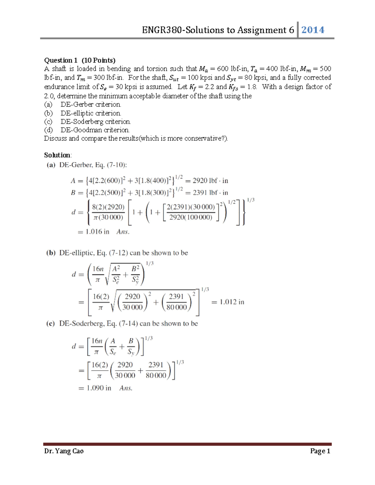 Assignment 06 Solutions Question 1 (10 Points) A shaft is loaded in