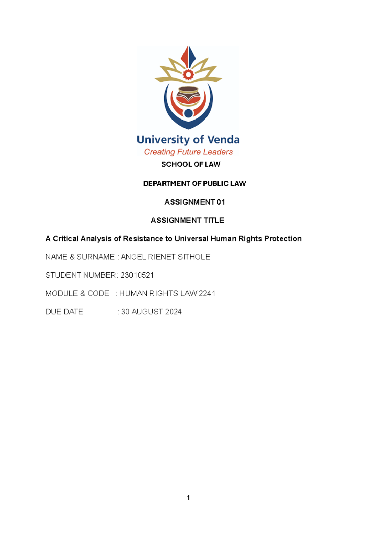 HRL Assignment 1 - SCHOOL OF LAW DEPARTMENT OF PUBLIC LAW ASSIGNMENT 01 ...