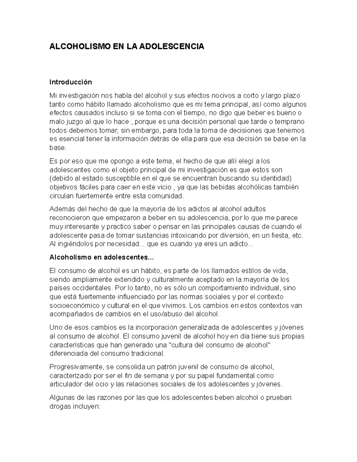 Alcoholismo En La Adolescencia Alcoholismo En La Adolescencia