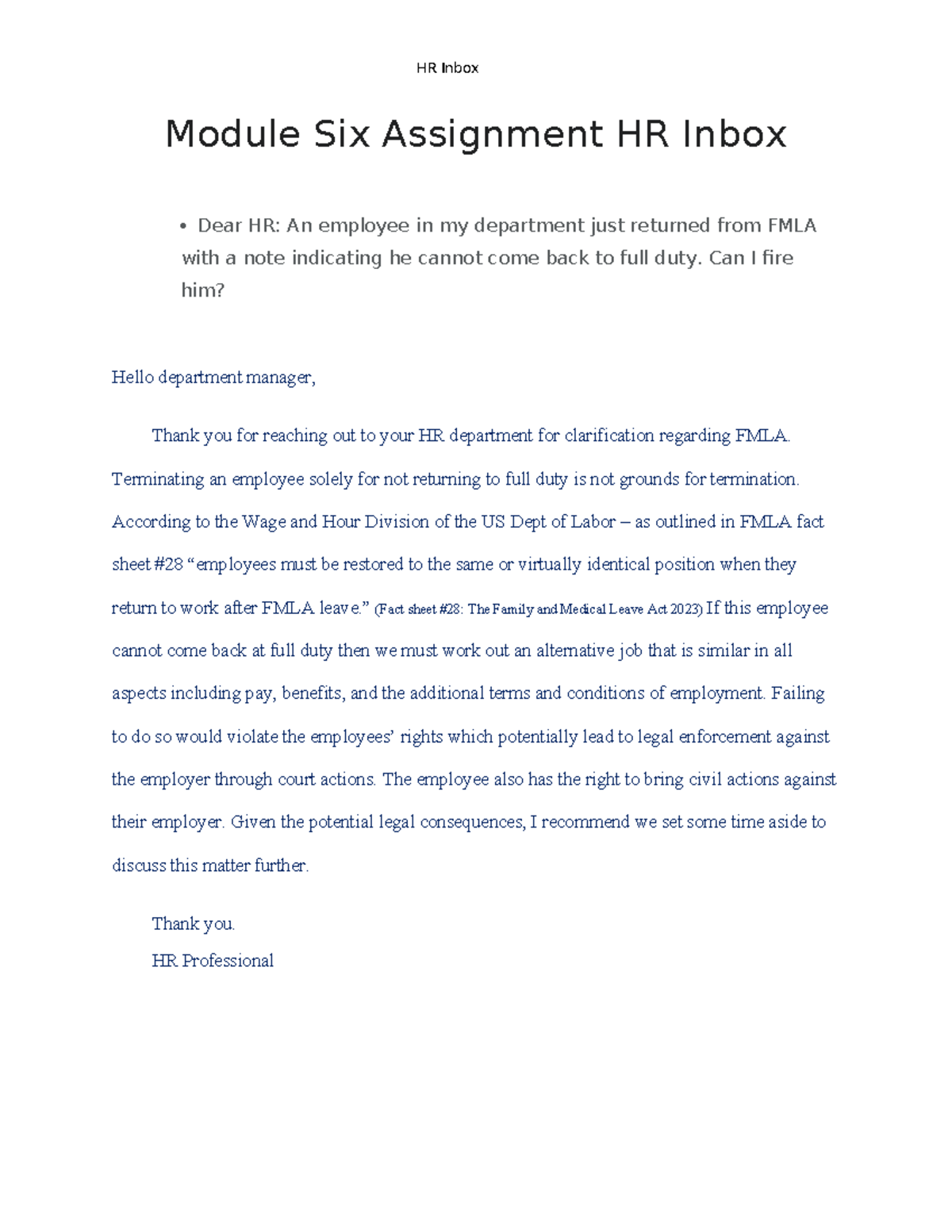 HR - Inbox - Module six - Module Six Assignment HR Inbox · Dear HR: An ...