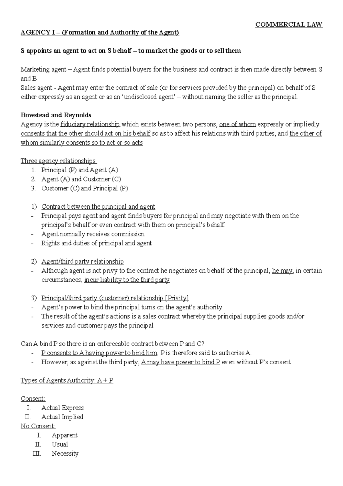 Agency - Lecture notes 1-20 - AGENCY I – (Formation and Authority of ...