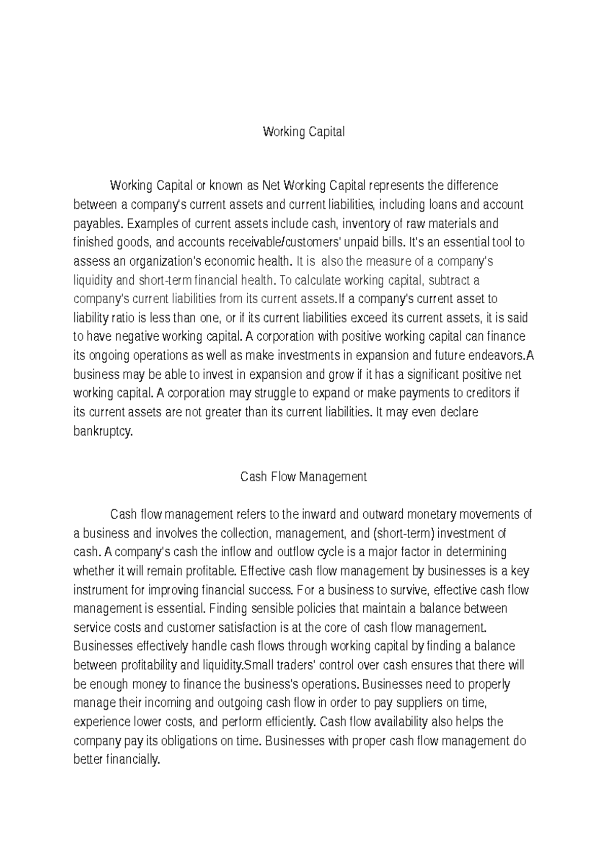 Document Working Capital Working Capital or known as Net Working