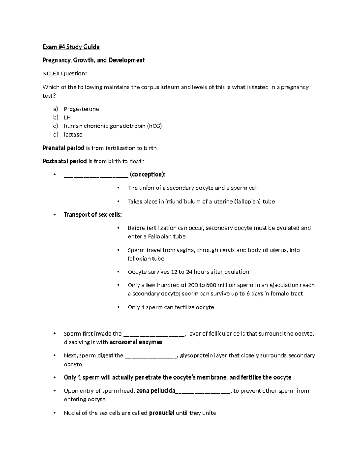 Study Guide BIO116 Exam #4 - Exam #4 Study Guide Pregnancy, Growth, and ...