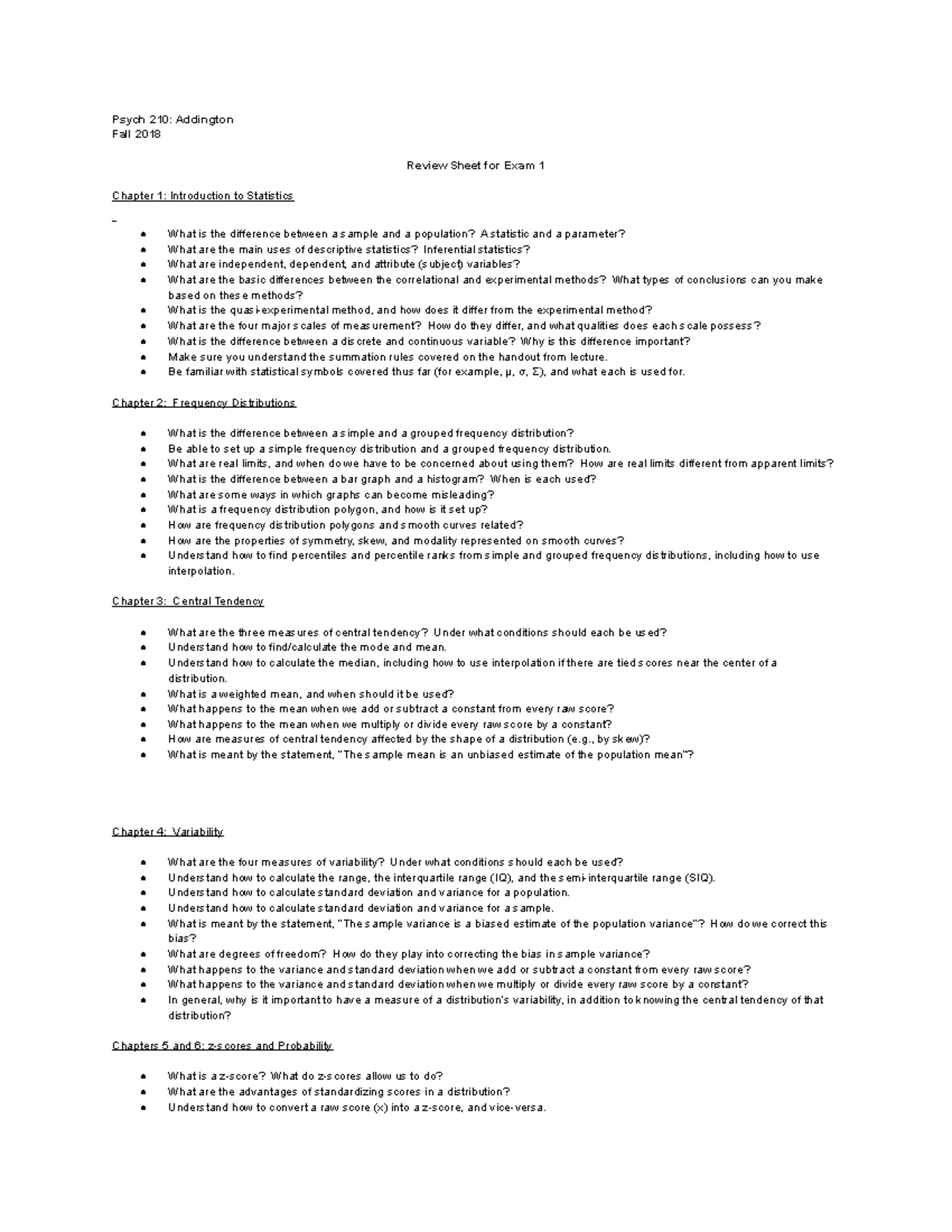 Exam 1 study guide - Psych 210: Addington Fall 2018 Review Sheet for ...