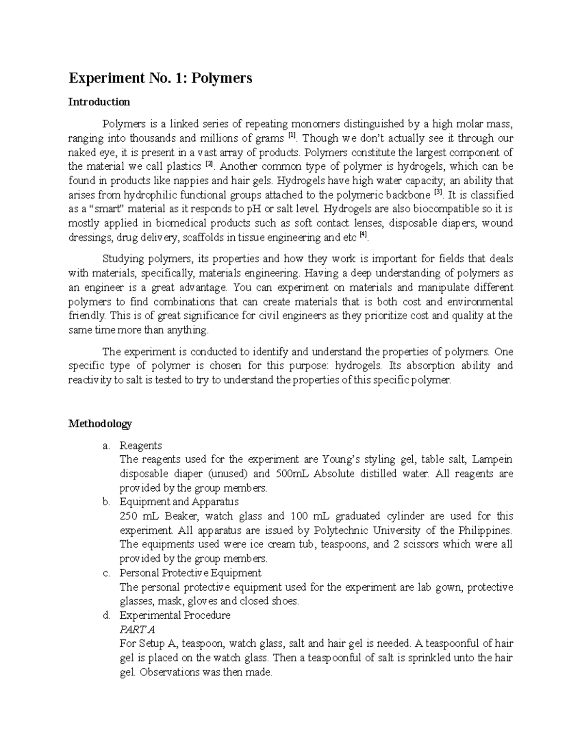 CHEM 2002 4 - LAB NO. 1 - A lab report - Experiment No. 1: Polymers ...