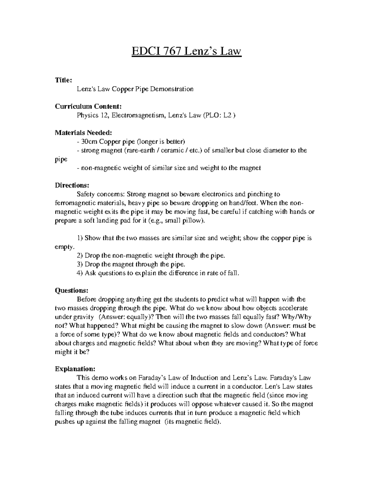 Lenz’s Law demonstration EDCI 767 Lenz’s Law Title Lenz's Law Copper Pipe Demonstration Studocu