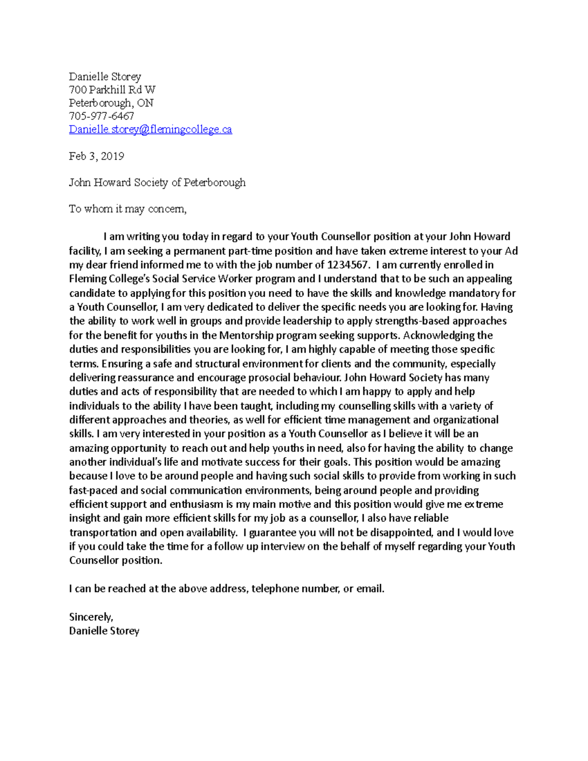 assignment cover letter - Danielle Storey 700 Parkhill Rd W ...