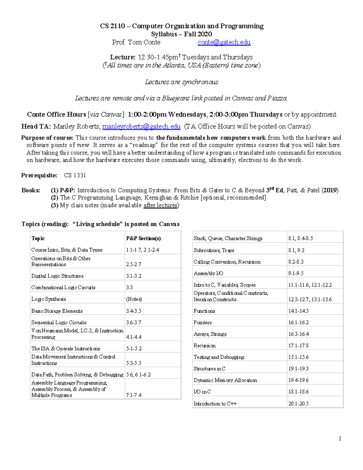 CS 2110 Fall 2020 Syllabus CS 2110 Computer Organization and