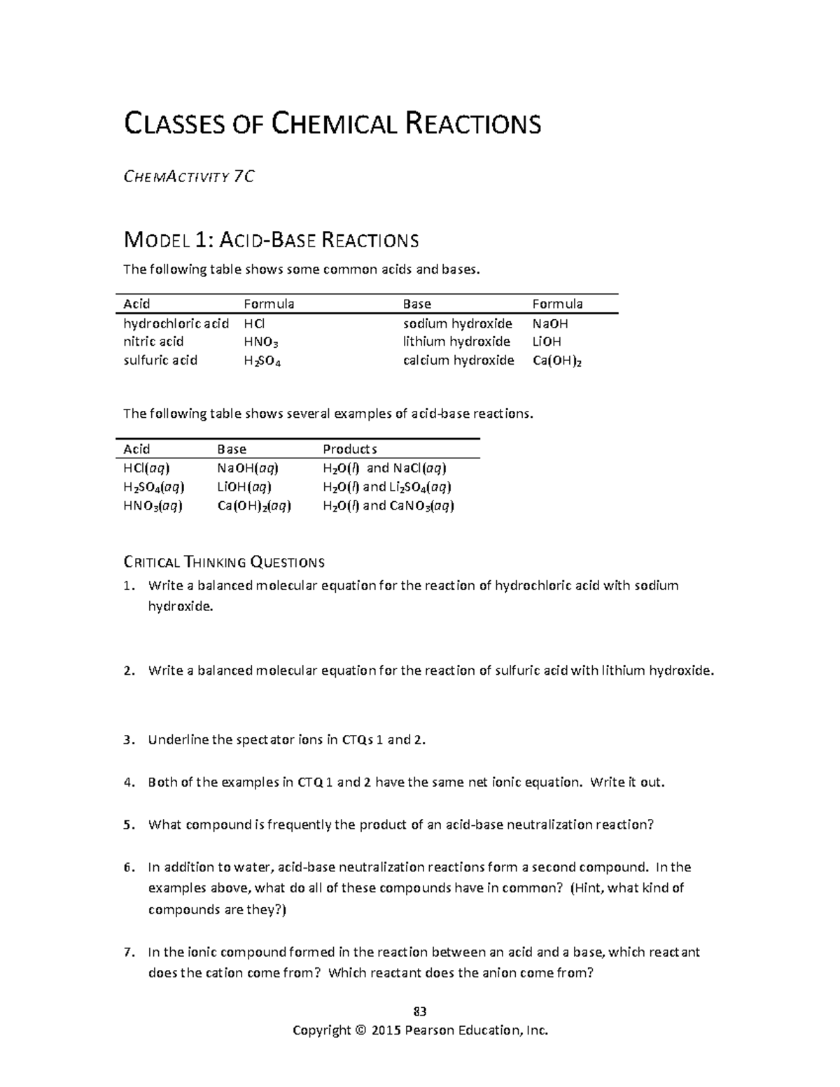 7C Classes of Chemical Reactions - 83 C LASSES OF C HEMICAL R EACTIONS ...