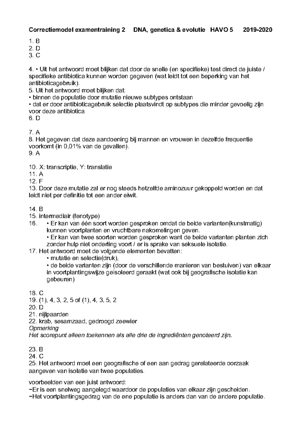 Training 2 DNA, genetica en evolutie 5H - antwoorden - Correctiemodel ...