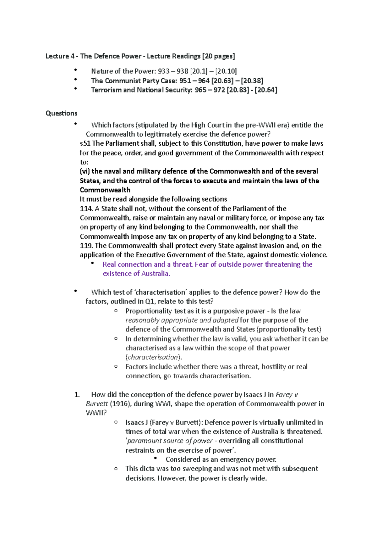 Defence power - Lecture notes detailed - Lecture 4 - The Defence Power ...