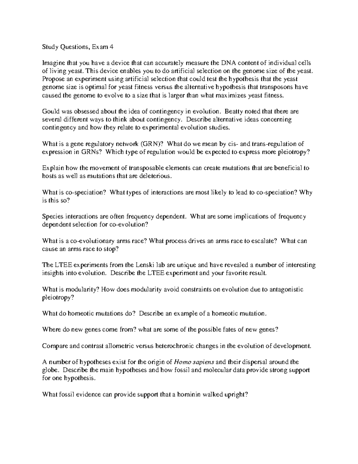 Study sheet exam4 2022 - Study Questions, Exam 4 Imagine that you have ...