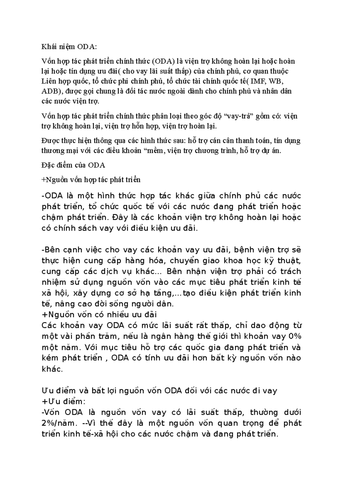 Khái niệm ODA - Đặc điểm và phân loại khái niệm - Khái niệm ODA: Vốn hợp tác phát triển chính thức - Studocu