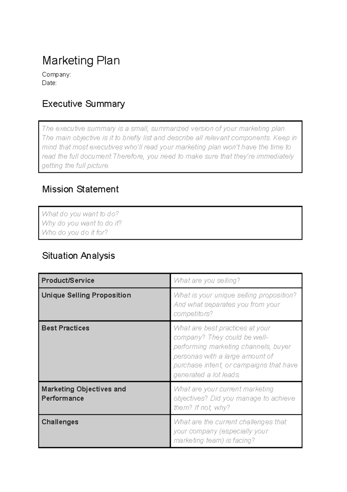 Marketing Plan Template - Marketing Plan Company: Date: Executive ...