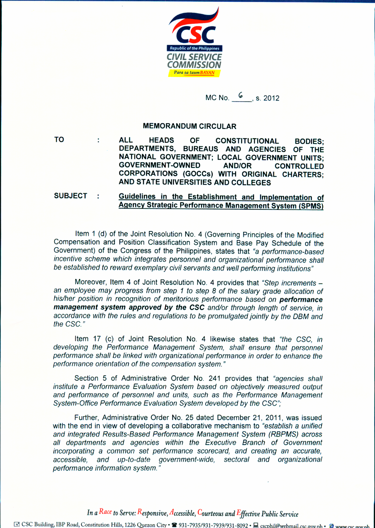 CSC 6, s. 2012 Guidelines on the Establishment and Implementation of