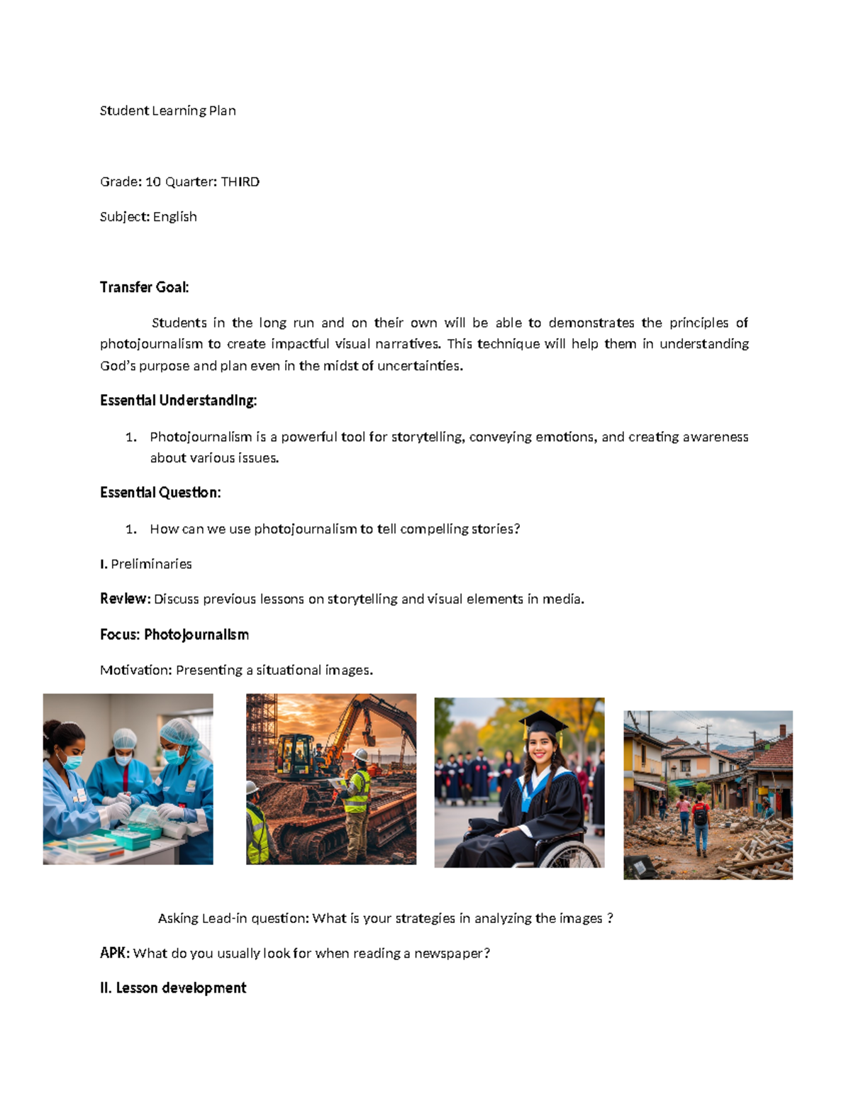 EL119 Lesson PLANL - Student Learning Plan Grade: 10 Quarter: THIRD ...