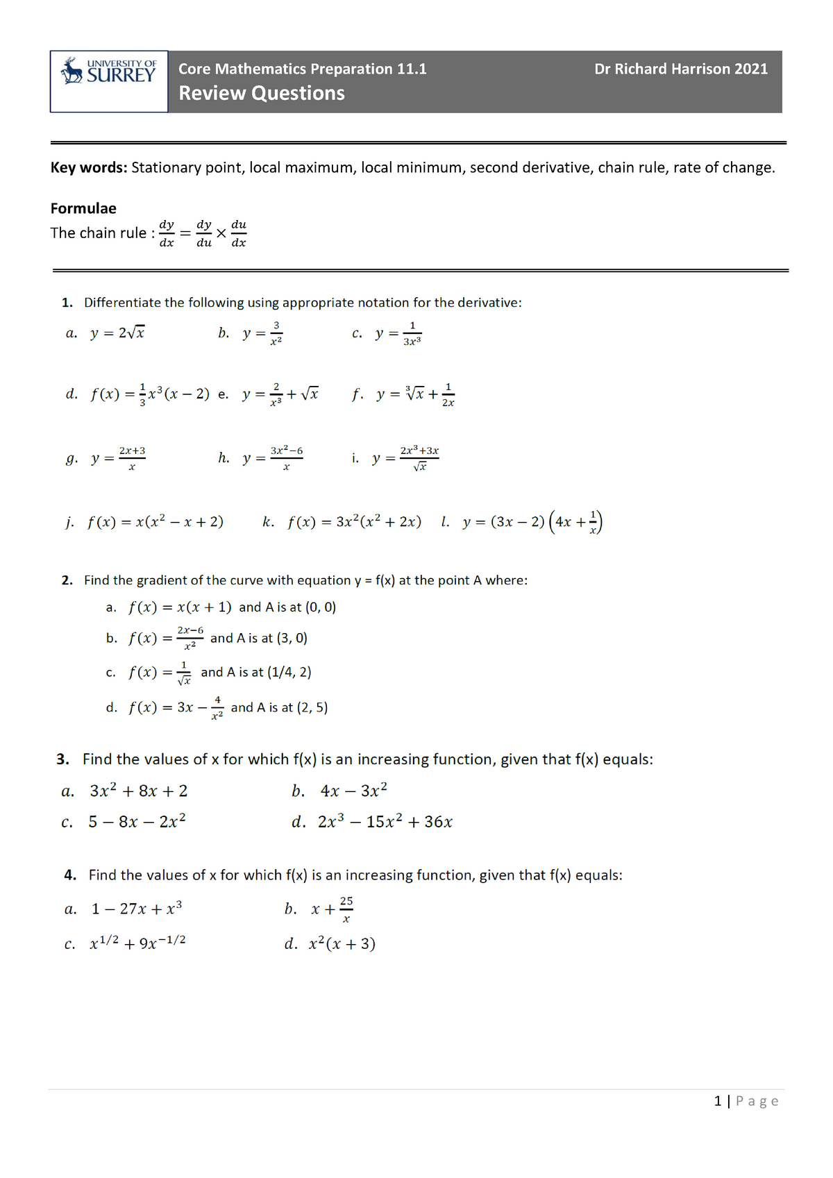 Differentiation - Review Questions - 1 | P A G E Core Mathematics ...