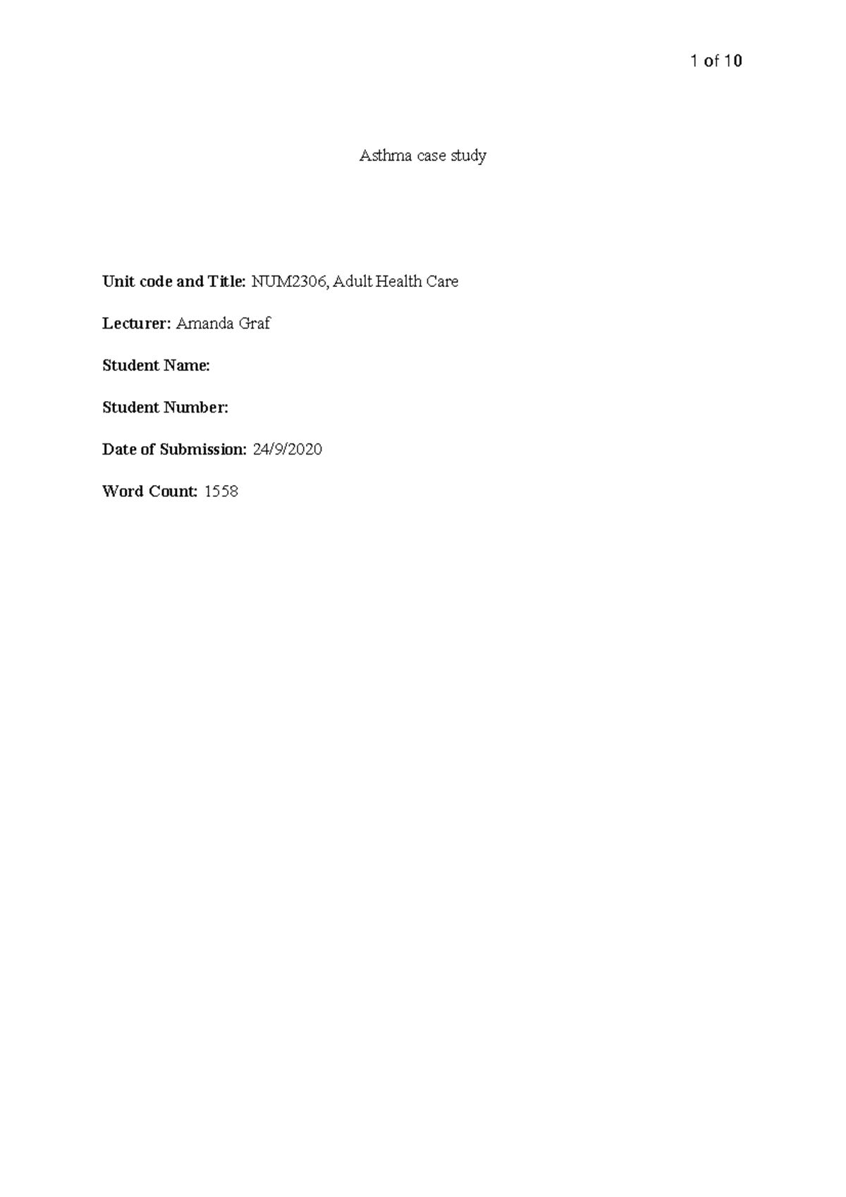 asthma case study Asthma case study Unit code and Title NUM2306
