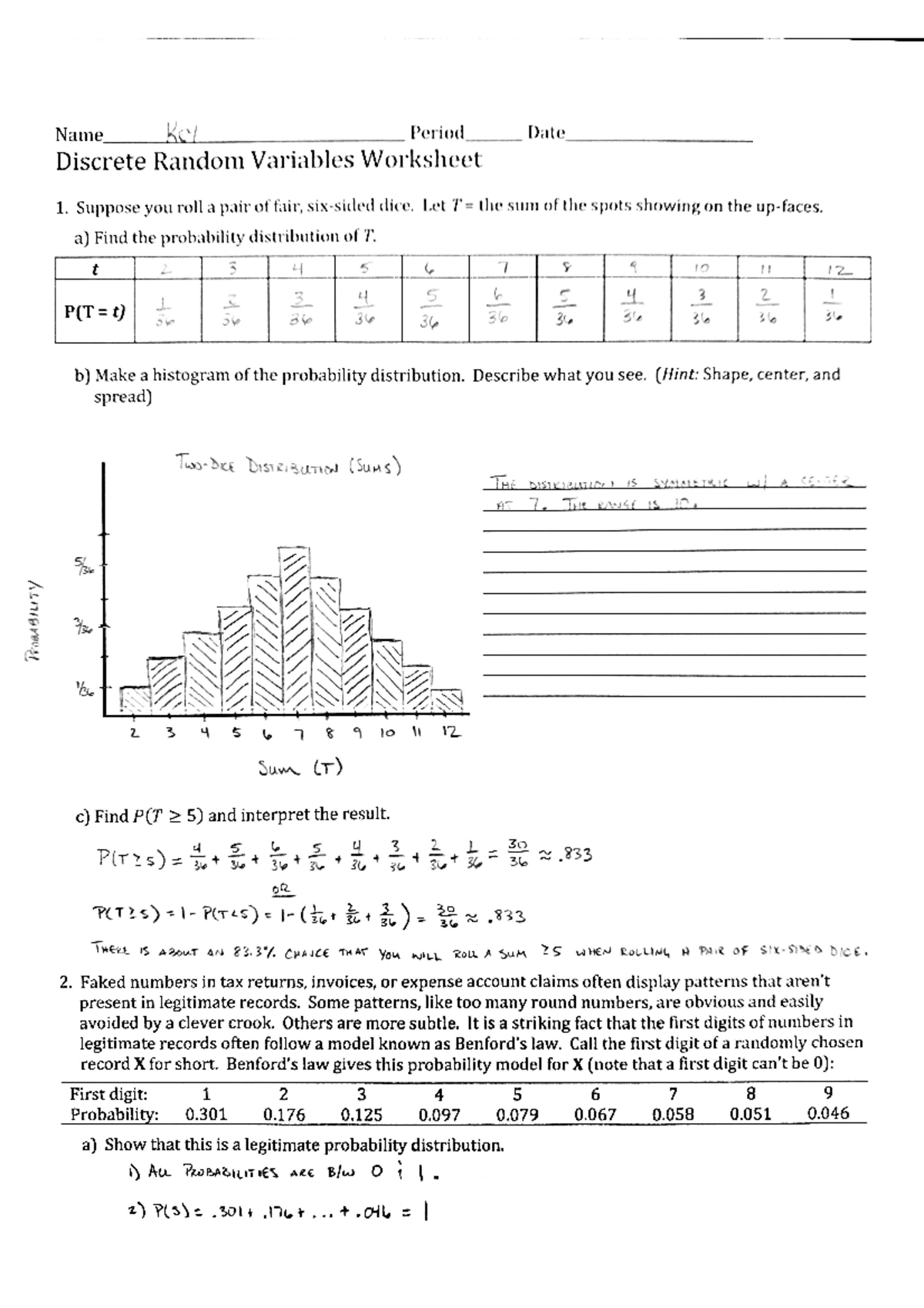 Discrete Random Variables Worksheet Answer Key - NAA BINT Vv P Ee Name ...