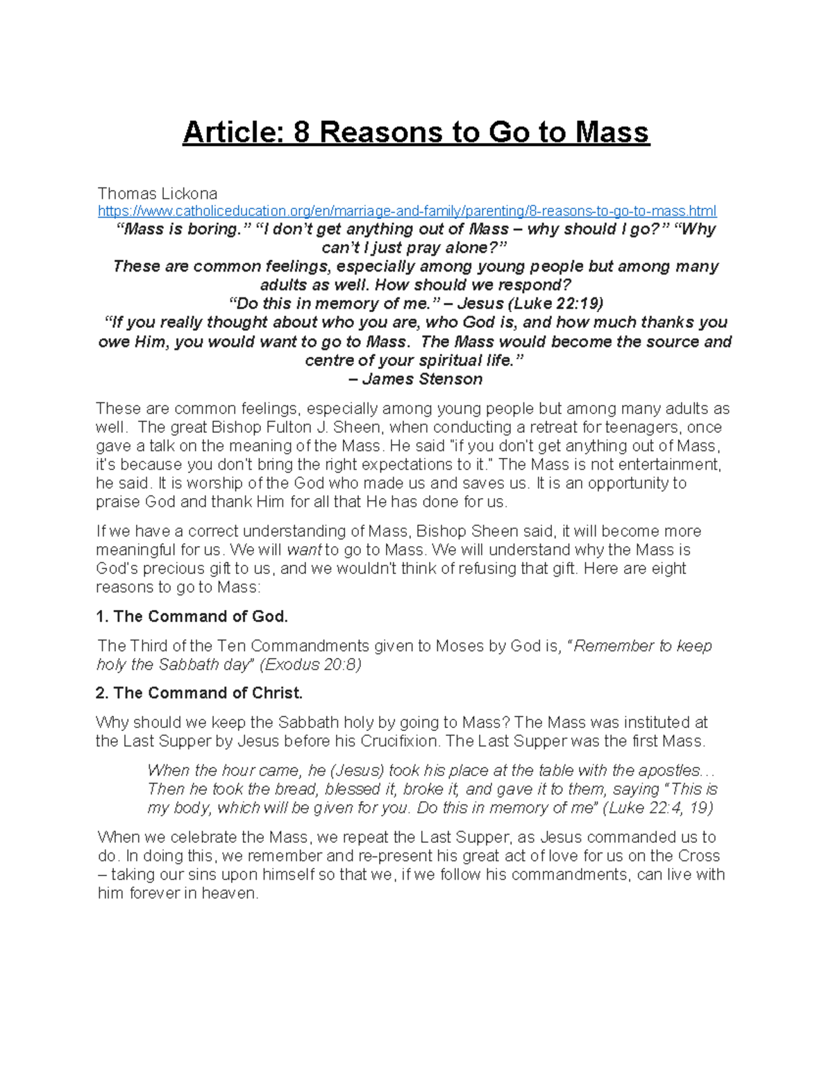 8 Reasons to go to Mass worksheet Article 8 Reasons to Go to Mass