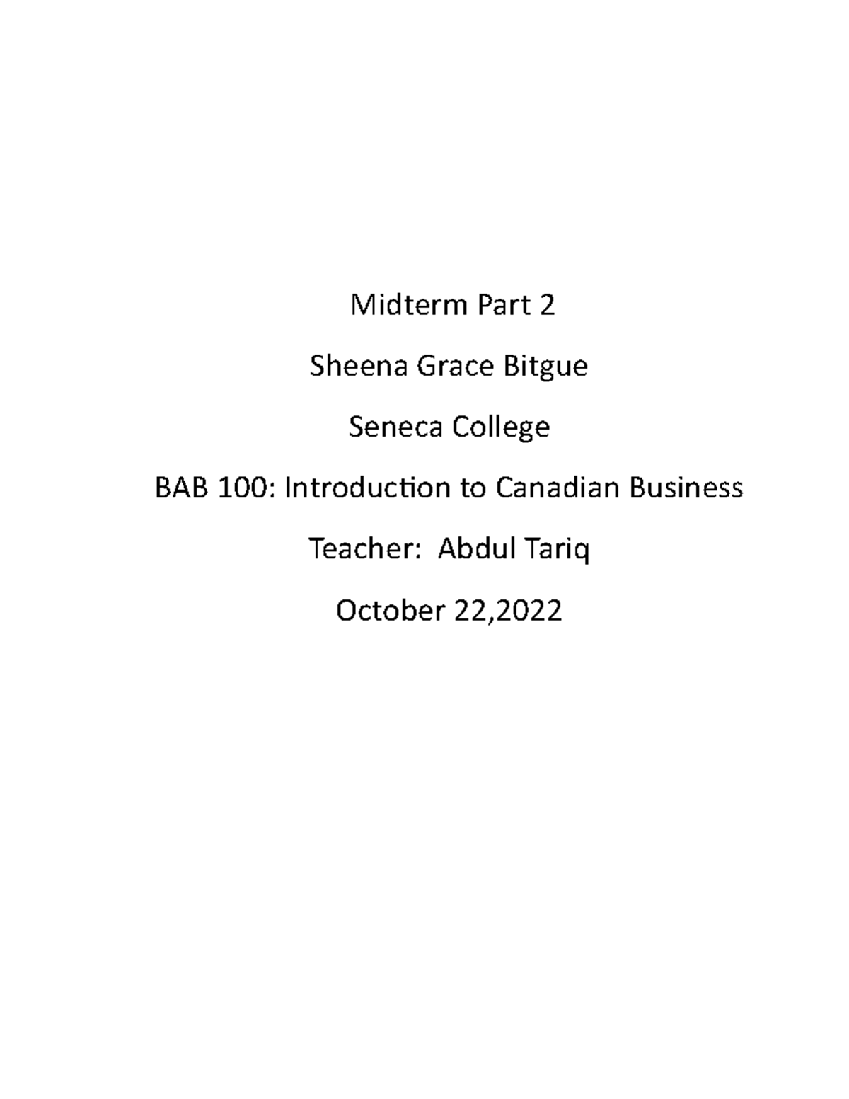 BAB 100 Answer - midterm exam - Midterm Part 2 Sheena Grace Bitgue ...