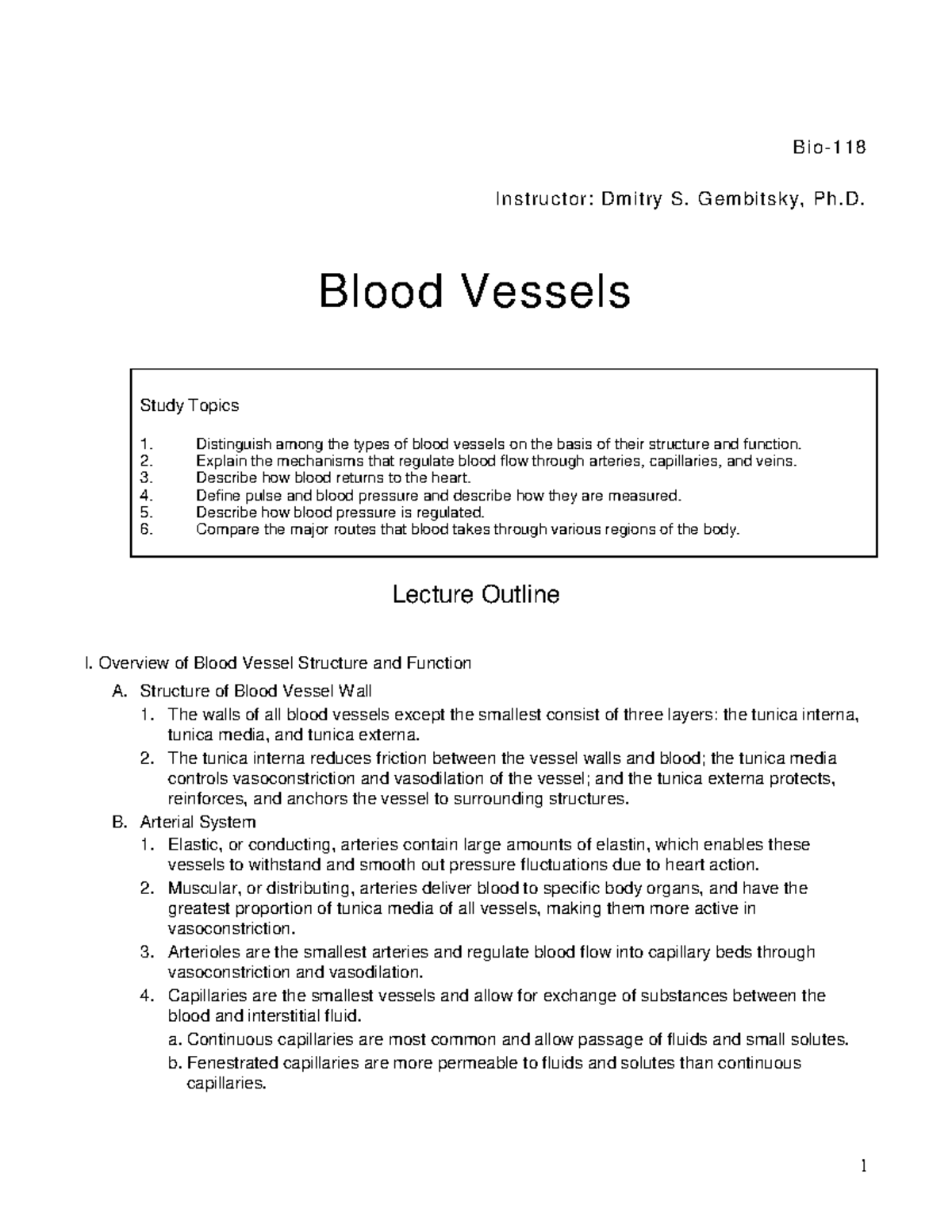 Chapter 18 Notes (Blood Vessels) - 1 Bio - 118 Instructor: Dm Itry S ...