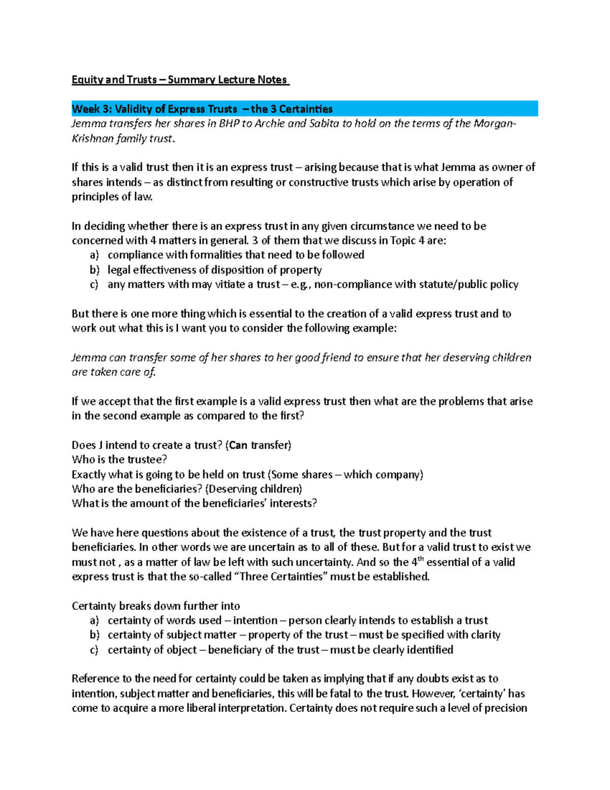 Equity and Trusts exam summary notes - LAWS 3084 - UniSA - Studocu