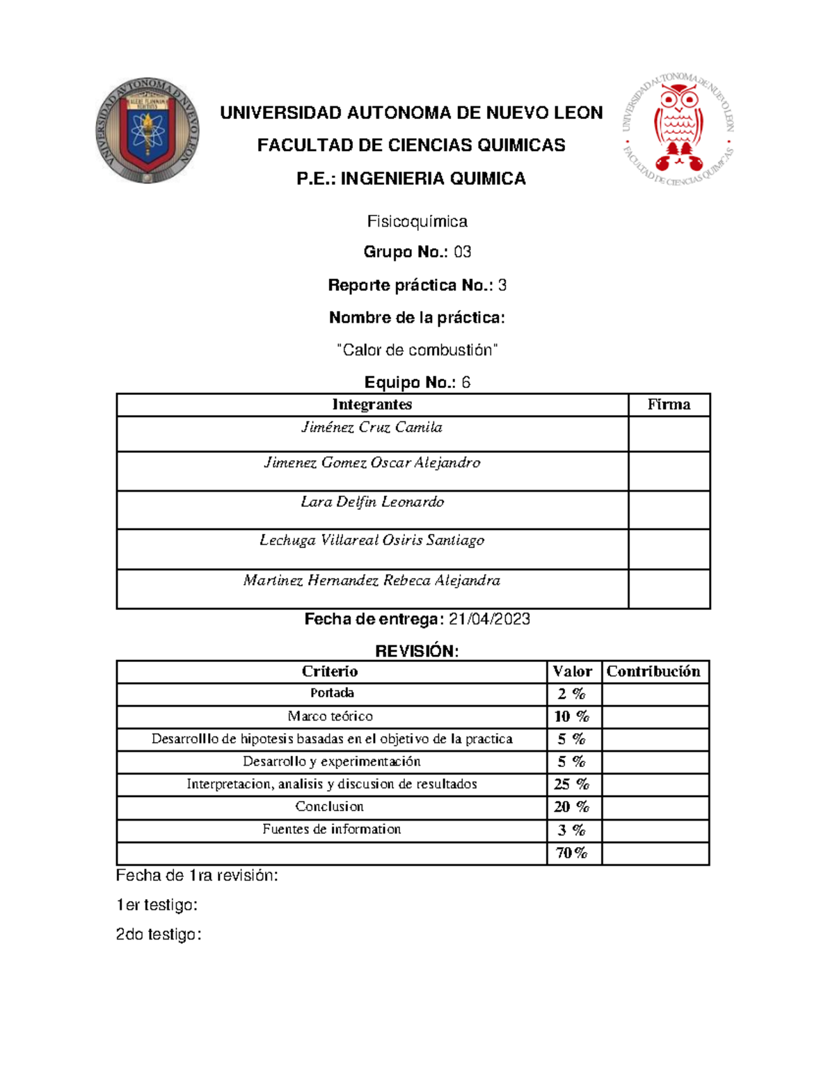 Reporte 3 De Fisicoquimica - U.: Laboratorio De Fisicoquímica Grupo No ...