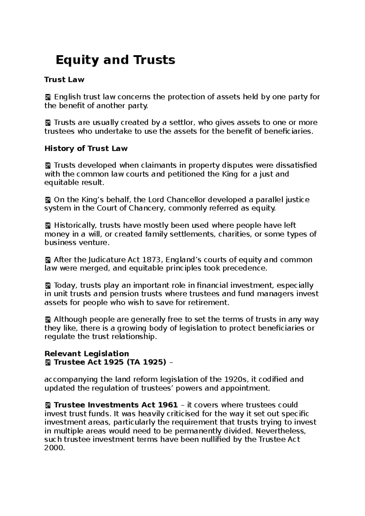 Law notes 10 - Equity and Trusts Trust Law English trust law concerns ...