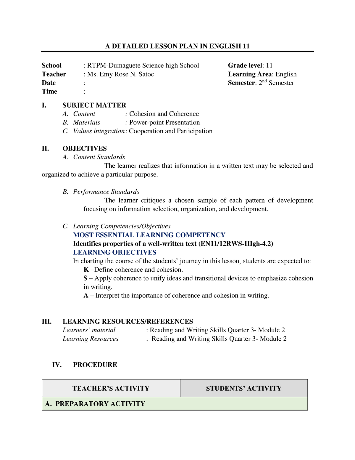 Cohesion AND Coherence - A DETAILED LESSON PLAN IN ENGLISH 11 School ...