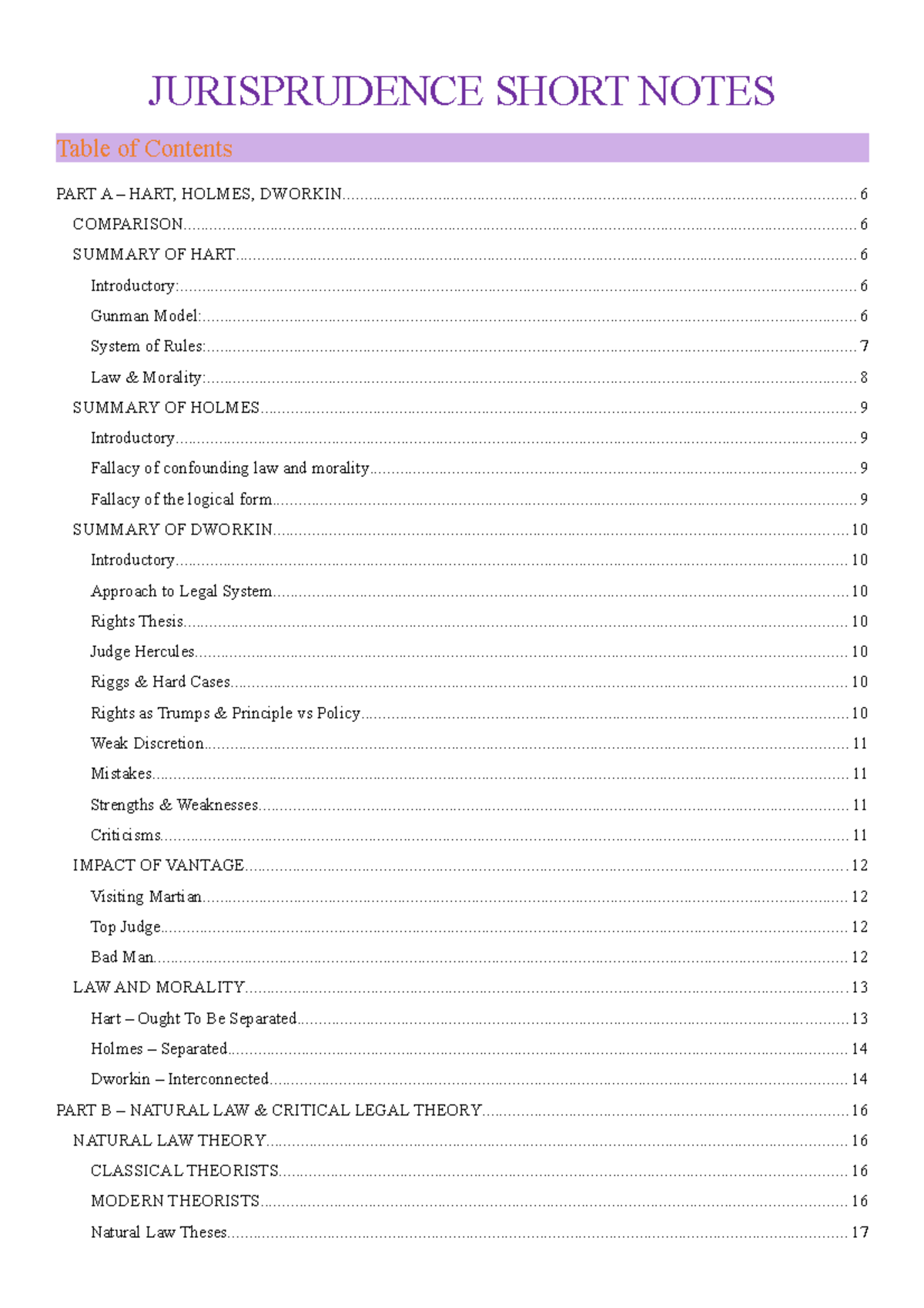Juris Exam Notes JURISPRUDENCE SHORT NOTES PART A HART, HOLMES
