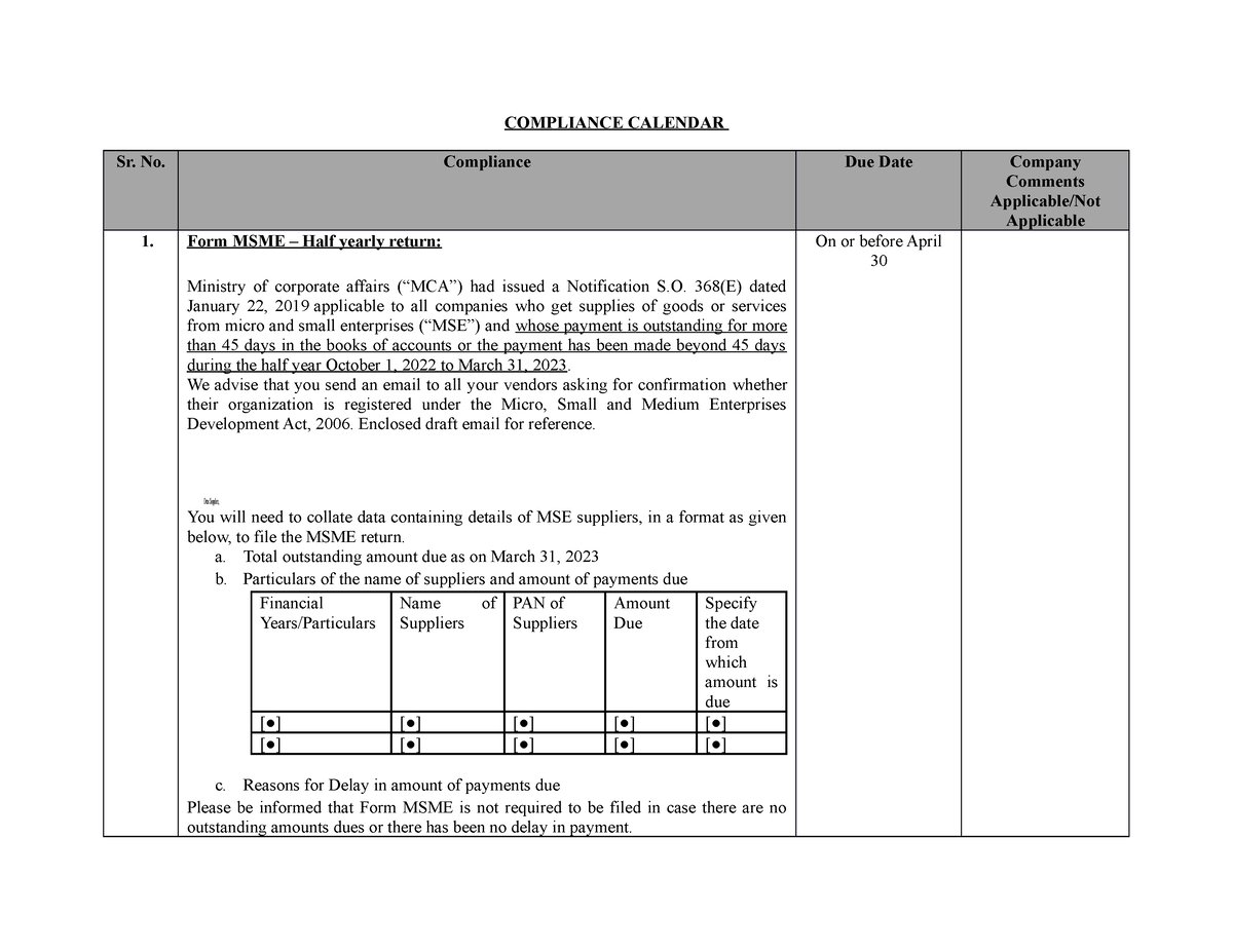 Compliance Calendar march end pvt ltd COMPLIANCE CALENDAR Sr. No