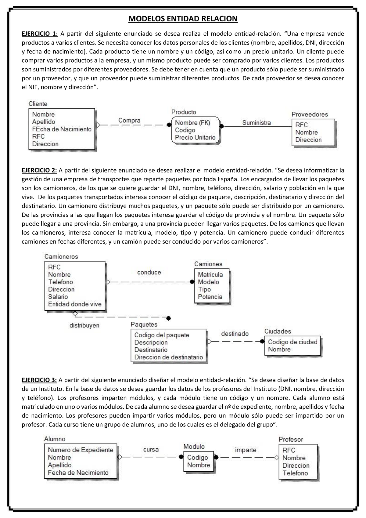 Modelos-entidad-relacion para la creacion base de datos - MODELOS ENTIDAD  RELACION EJERCICIO 1: A - Studocu