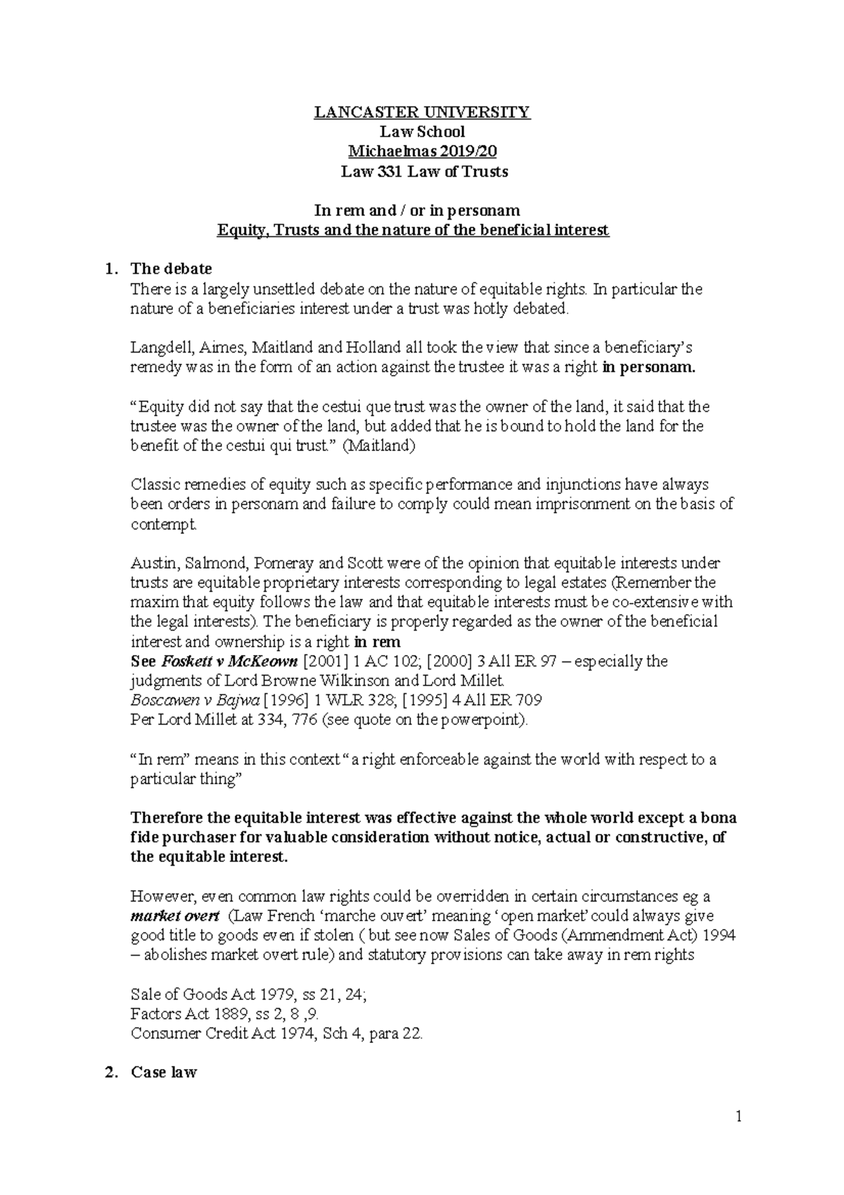 In Personam and In Rem LANCASTER UNIVERSITY Law School Michaelmas