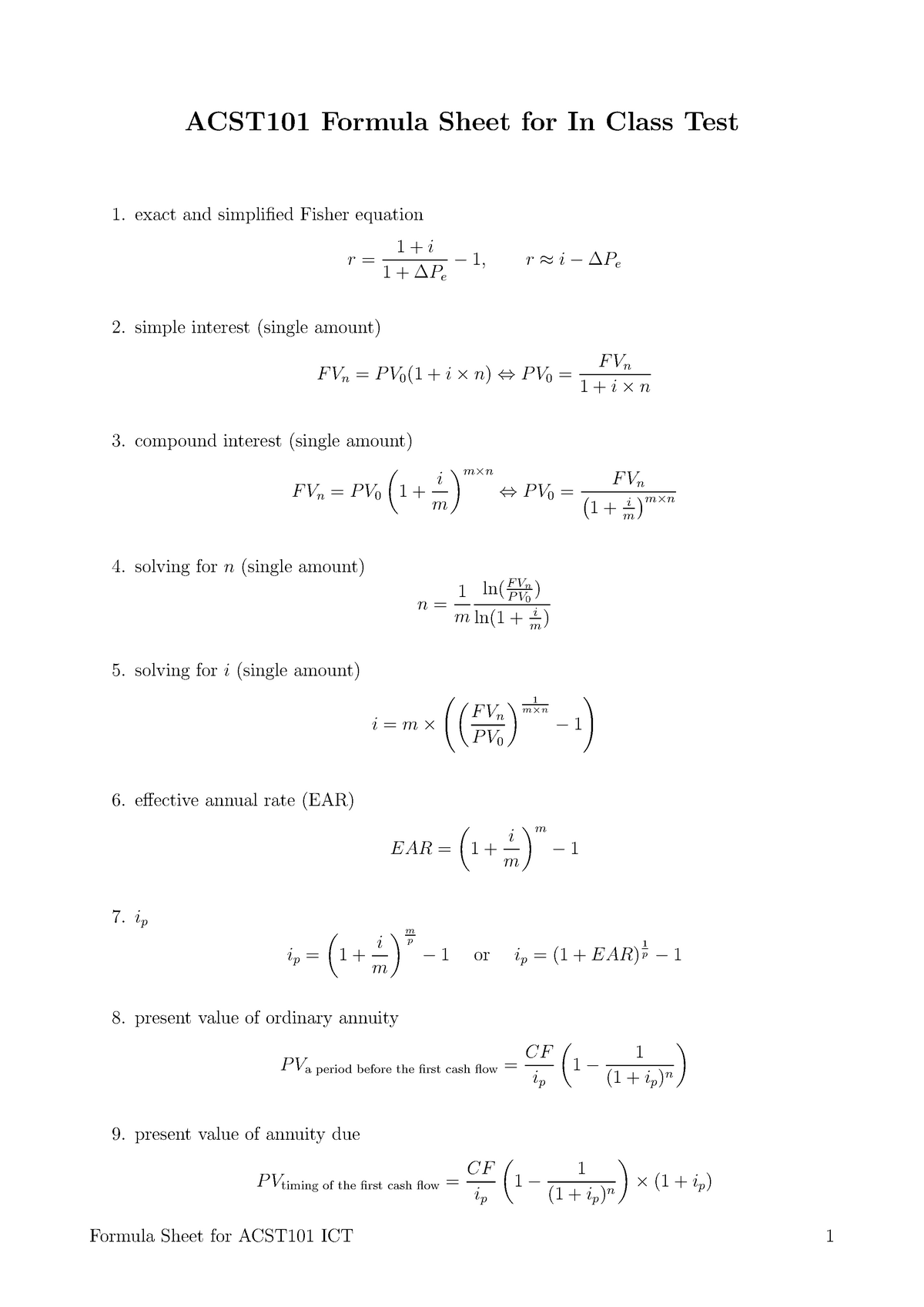 acst1001-formula-sheet-acst101-formula-sheet-for-in-class-test-exact-and-simplified-fisher
