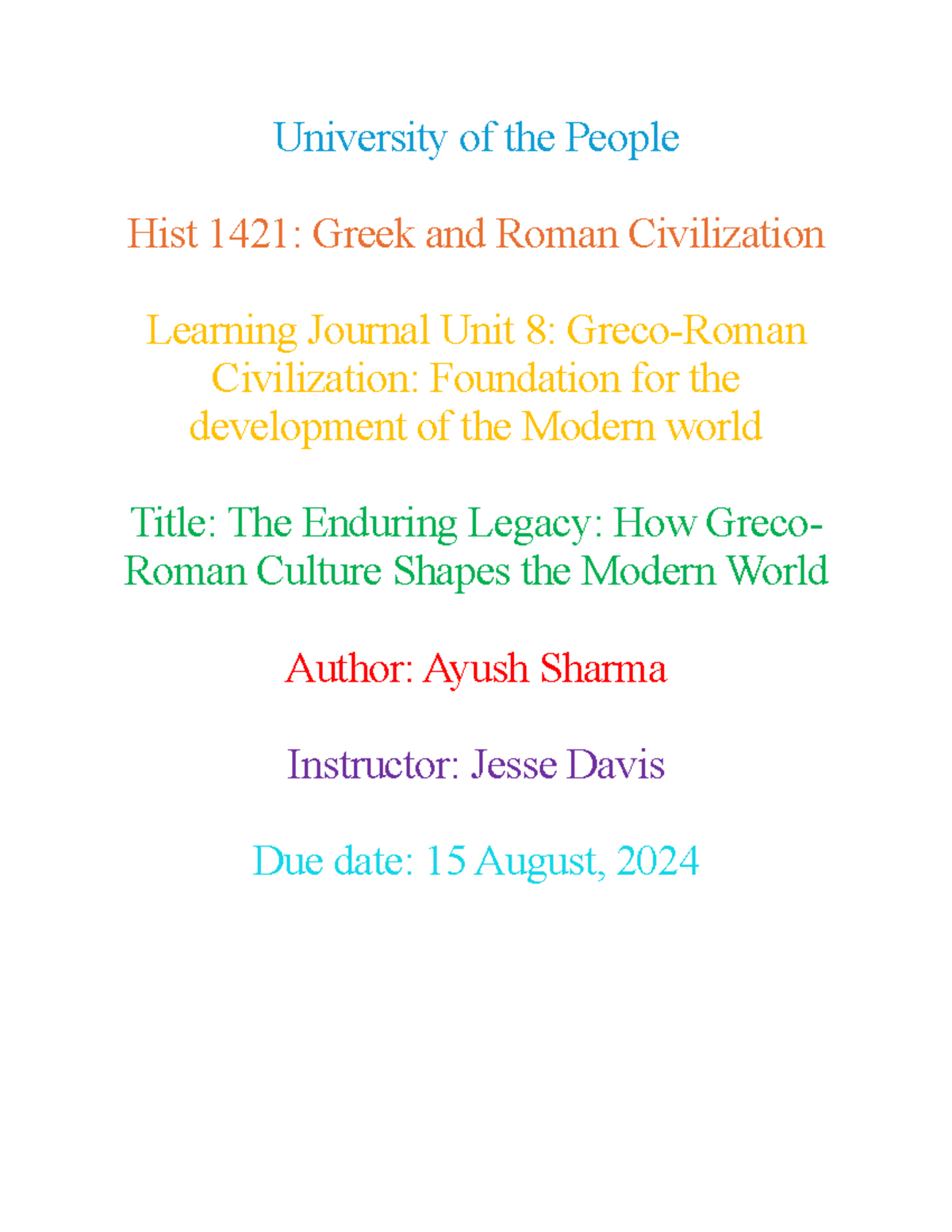 Greek and Roman History Learning Journal unit 8 - University of the ...