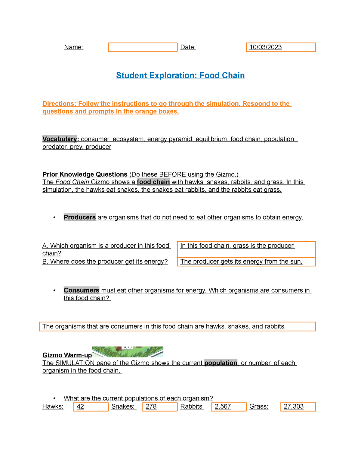 Gizmo- Food Chains - Name: Date: 10/03/ Student Exploration: Food Chain ...