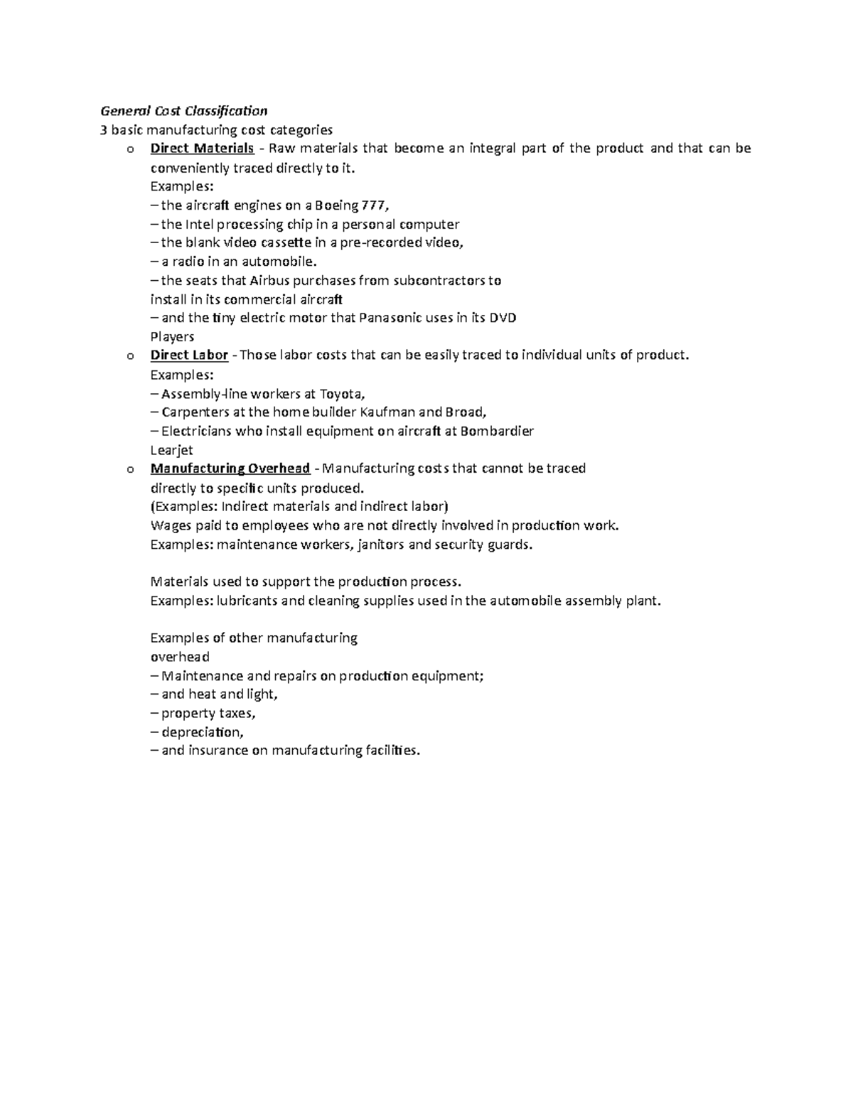 General Cost Classifications with examples General Cost