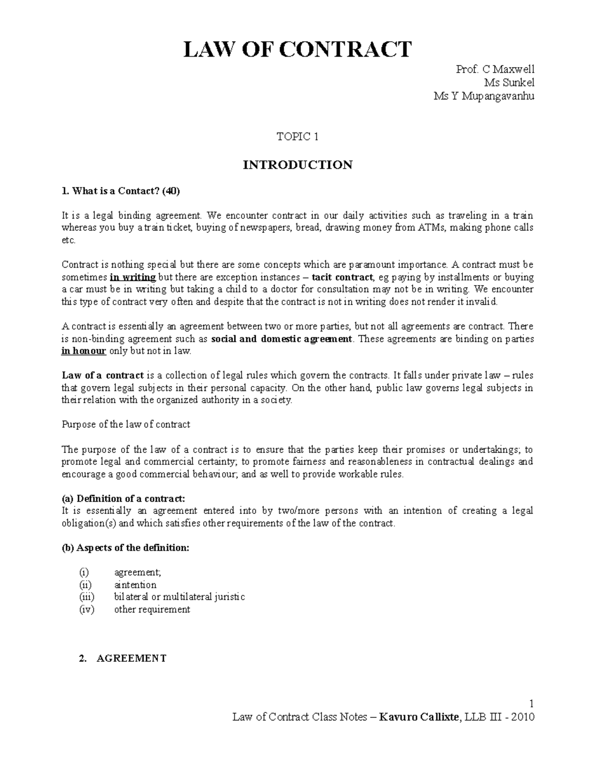 Contract note summaries - LAW OF CONTRACT Prof. C Maxwell Ms Sunkel Ms ...