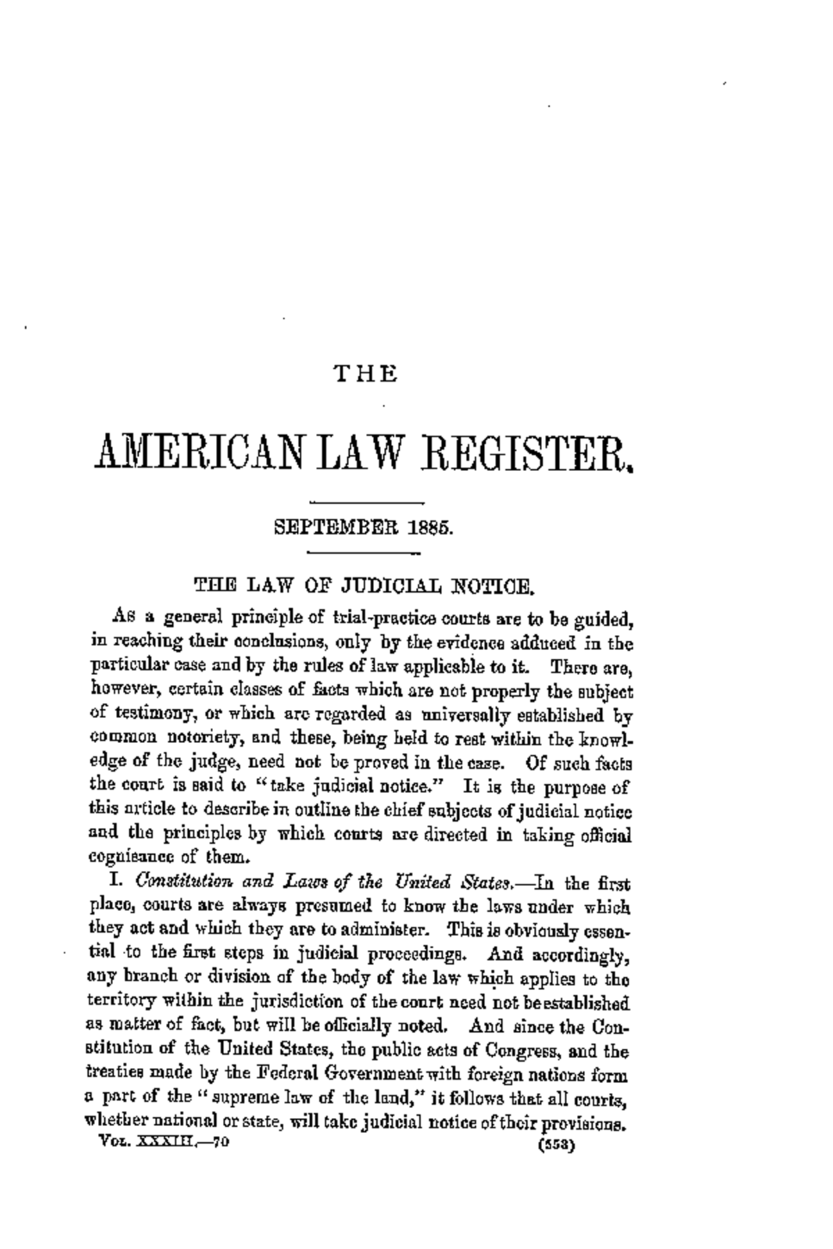 The Law Of Judicial Notice - THE AMERICAN LAW REGISTER. SEPTEMBER 1885 ...