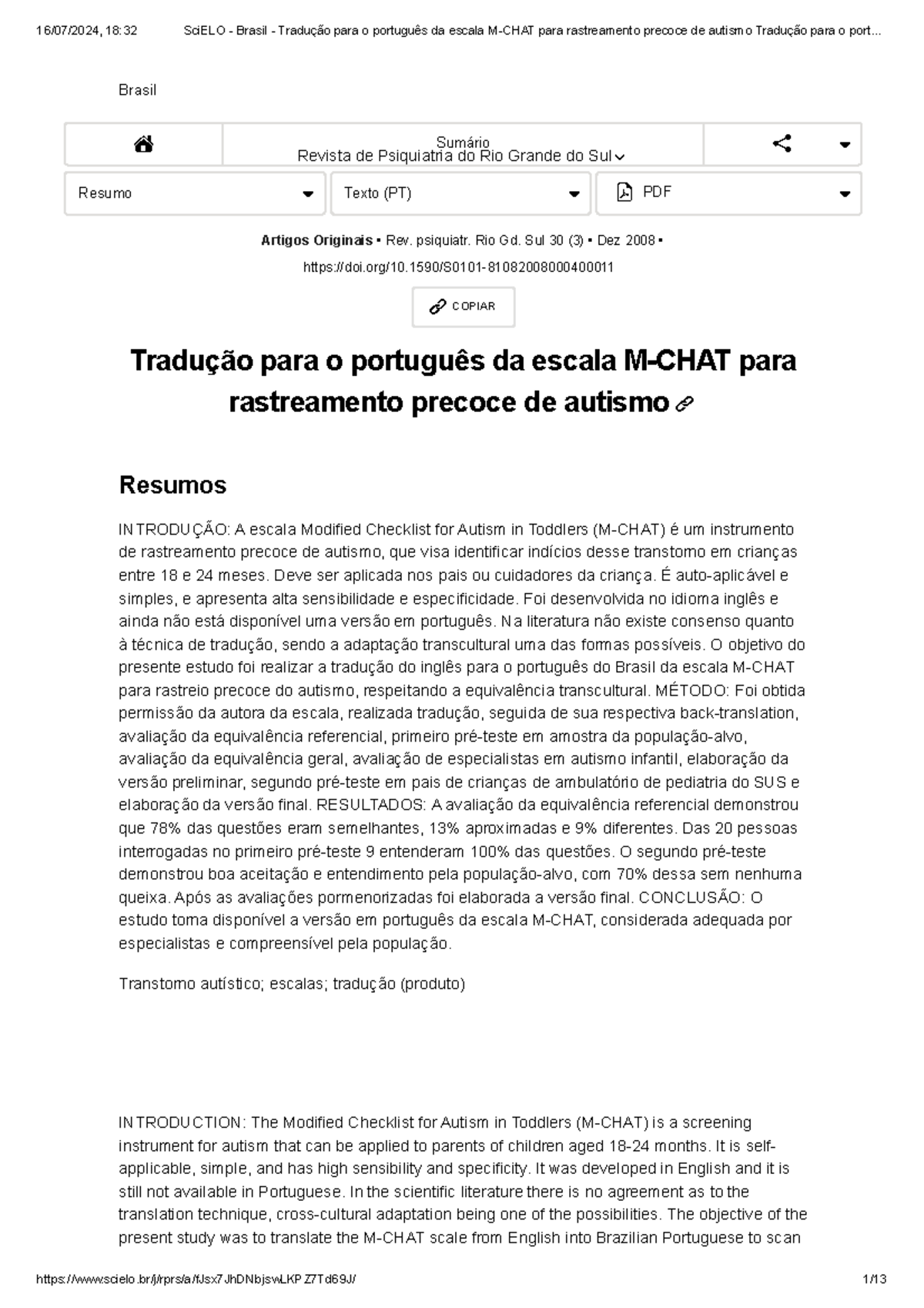 Sci ELO - Brasil - Tradução para o português da escala M-CHAT para ...
