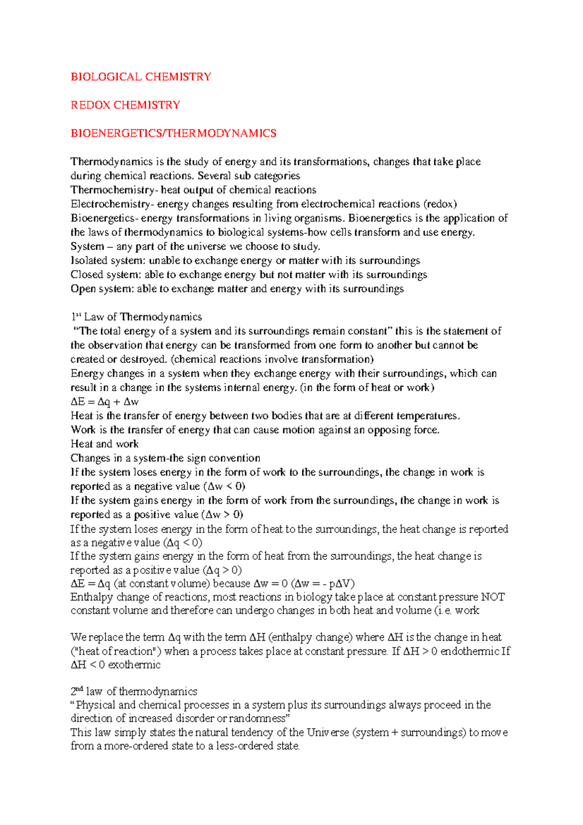 Biological Chemistry - summary of thermodynamics - BIOLOGICAL CHEMISTRY ...