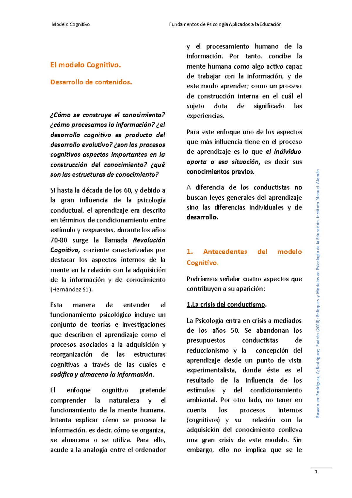 Enfoque Cognitivo - Lecture notes Módulo 1 - El modelo Cognitivo.  Desarrollo de contenidos. ¿Cómo se - Studocu