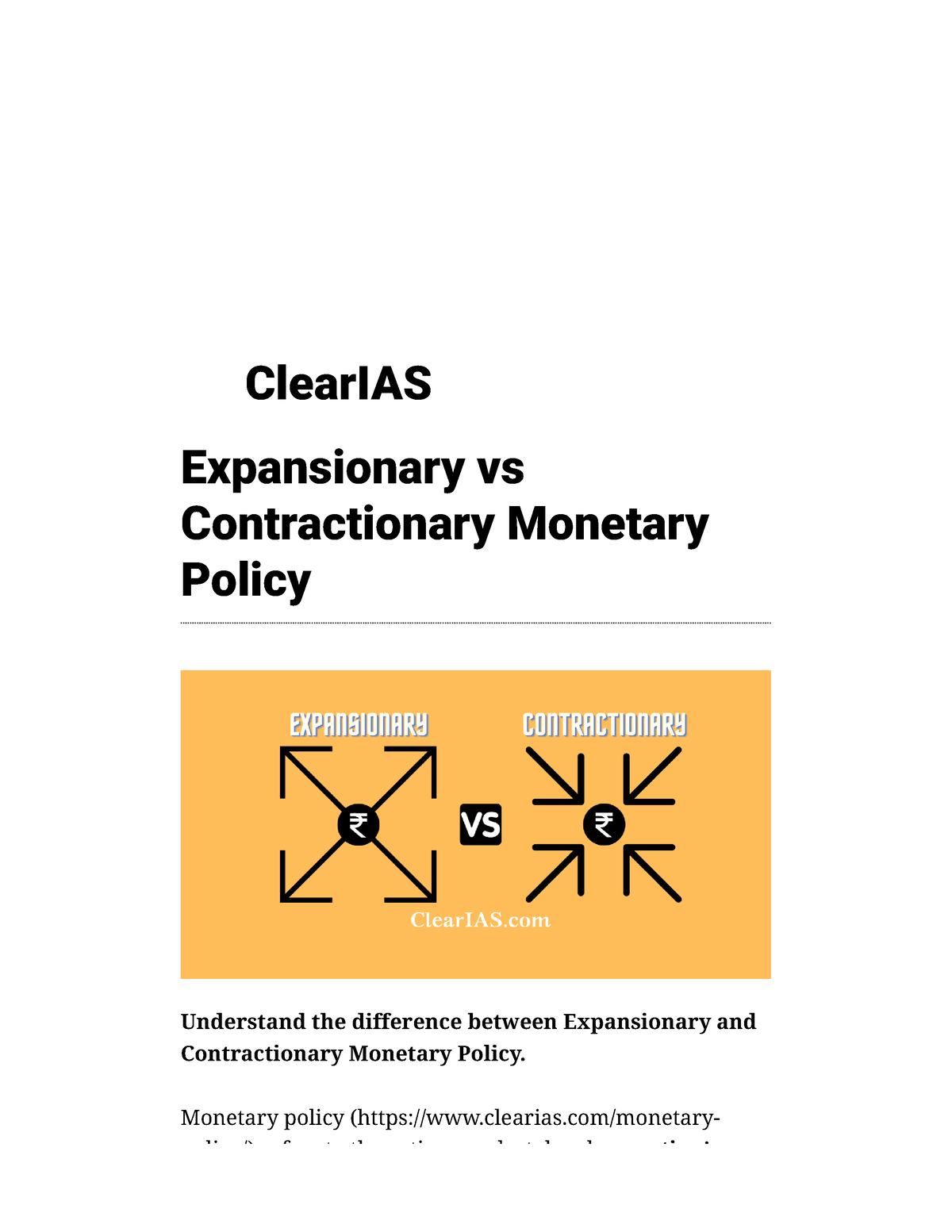 Expansionary Vs Contractionary Monetary Policy - Clear IAS - ClearIAS ...