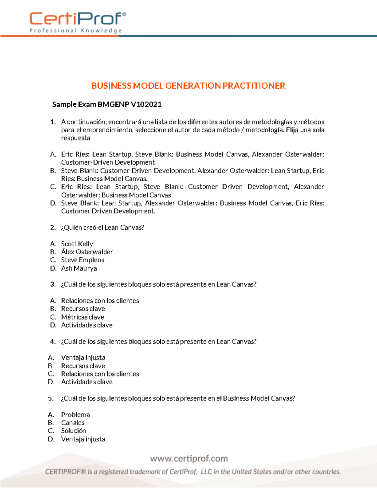 Sample+Exam+ Bmgenp™+(V102021)+SP - BUSINESS MODEL GENERATION ...