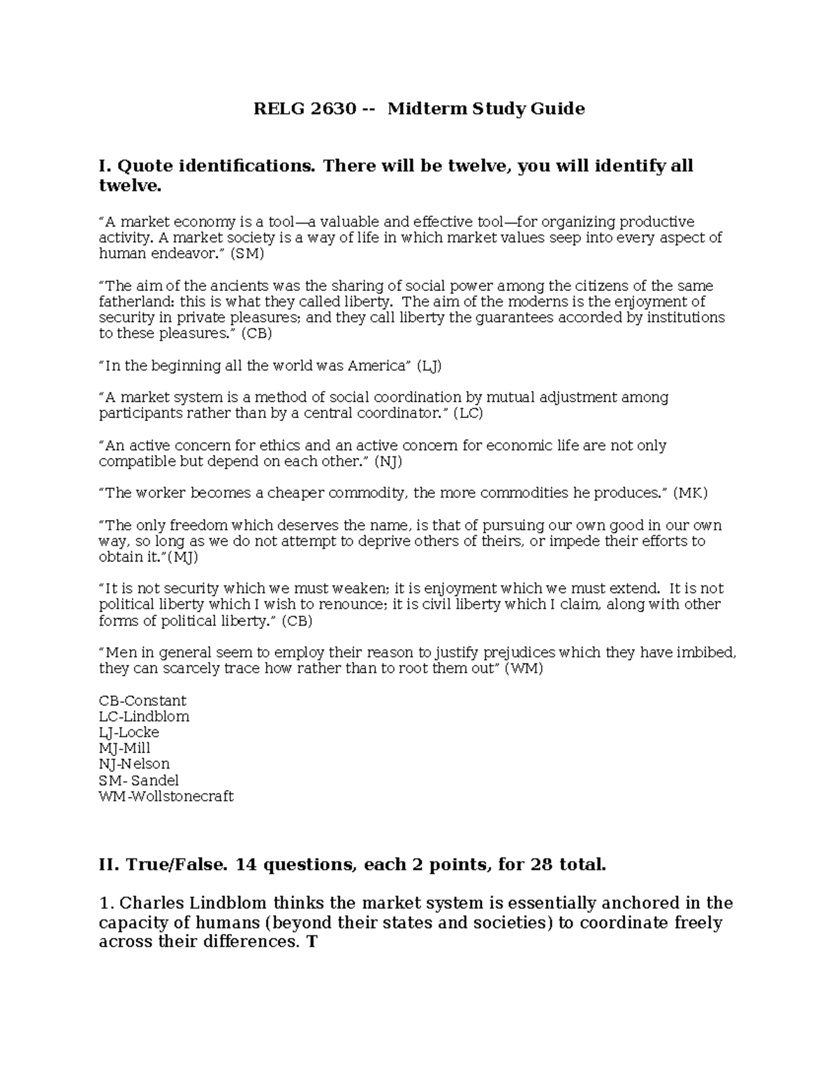 Study guide answer key-1 - RELG 2630 - Midterm Study Guide I. Quote ...