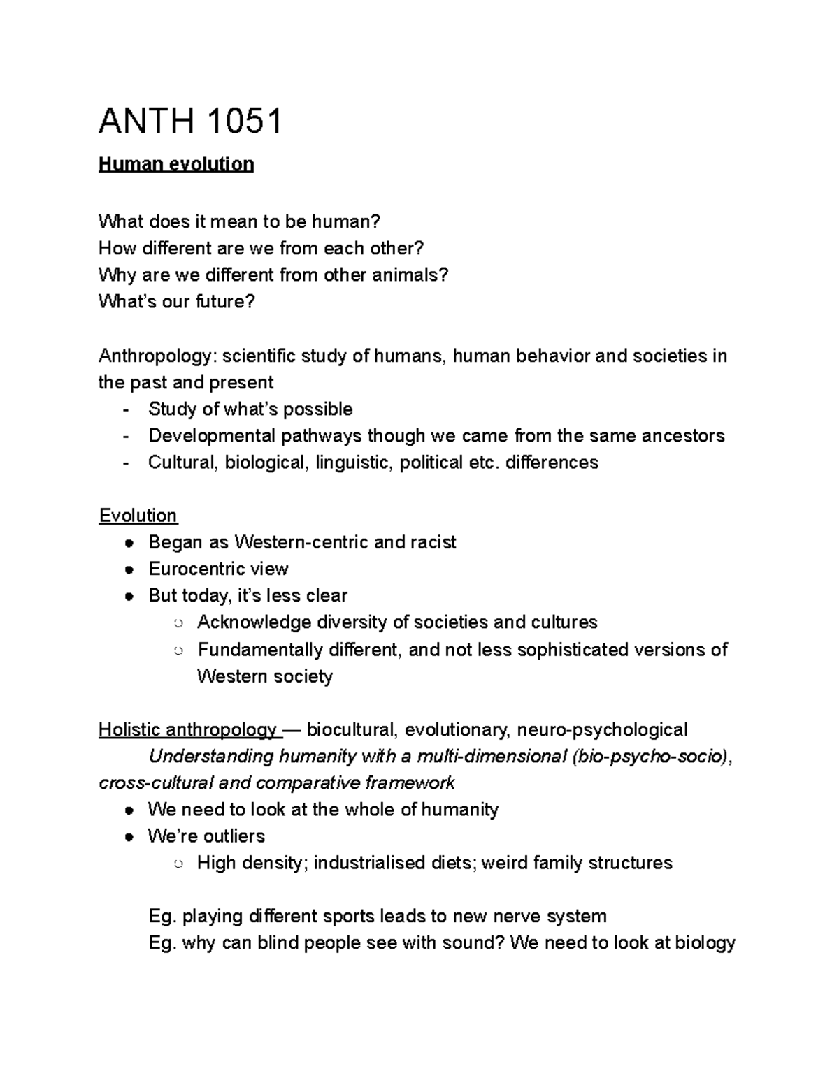 ANTH 1051 - Lecture notes 2 - ANTH 1051 Human evolution What does it ...